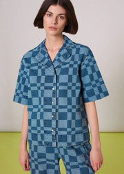 Whistles Women's Oversized Short Sleeve Denim Dad Shirt in Abstract Checkerboard Co-Ord In Blue