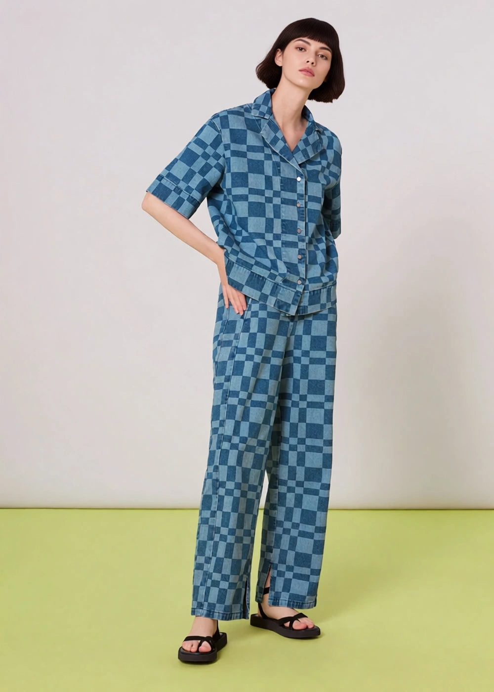 Whistles Women's Oversized Short Sleeve Denim Dad Shirt in Abstract Checkerboard Co-Ord In Blue