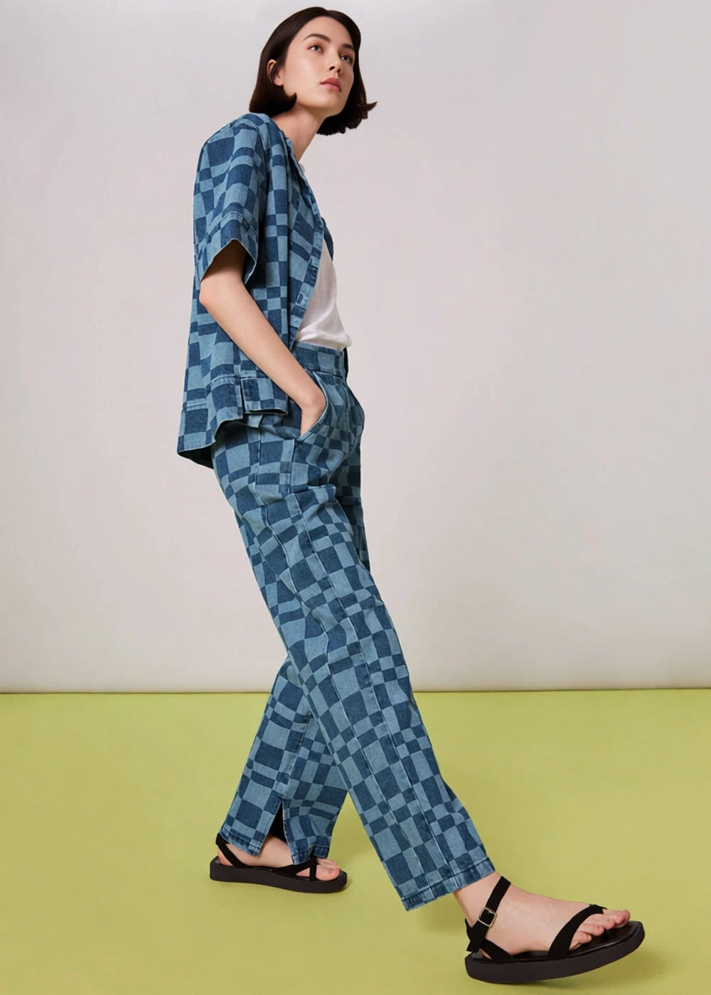 Whistles Women's Straight Leg Denim Trousers in Abstract Checkerboard Co-Ord In Blue