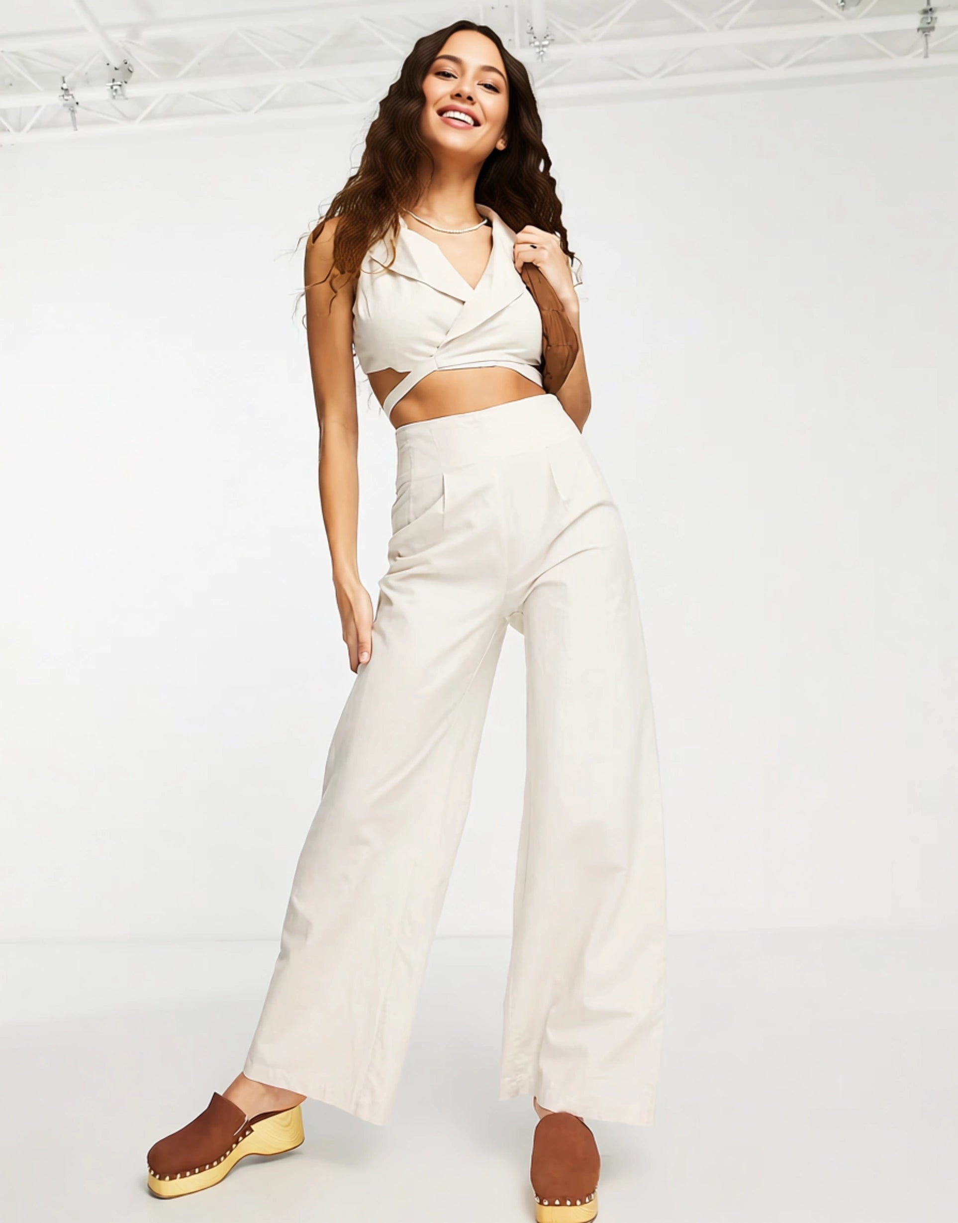 Emory Park Women's Wrap Detail Linen Waistcoat Co-Ord Top in Natural In Neutral