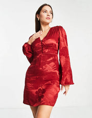 TRENDYOL Womens Balloon Sleeve Mini Dress in Red Floral Satin Jacquard In Red