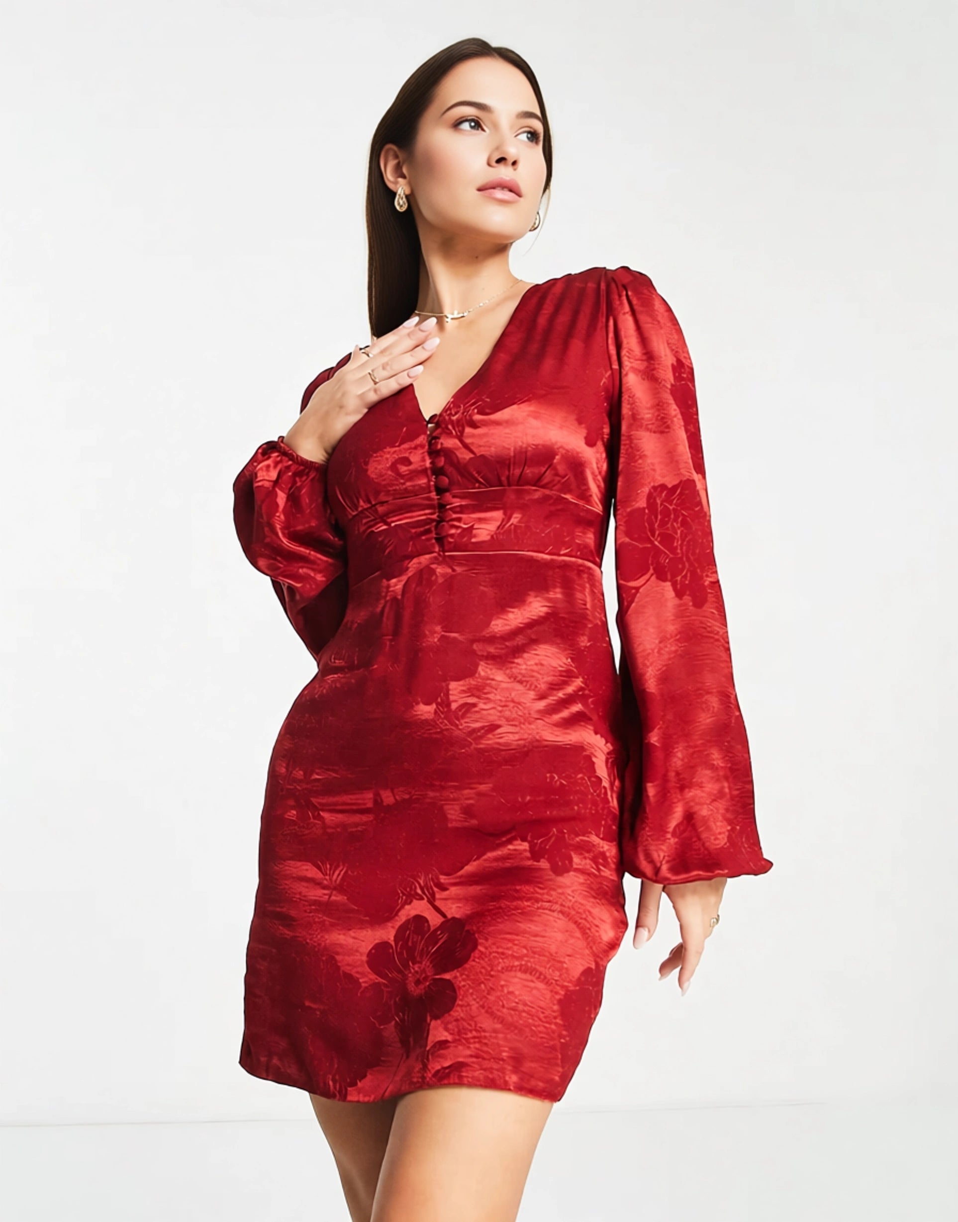 TRENDYOL Womens Balloon Sleeve Mini Dress in Red Floral Satin Jacquard In Red