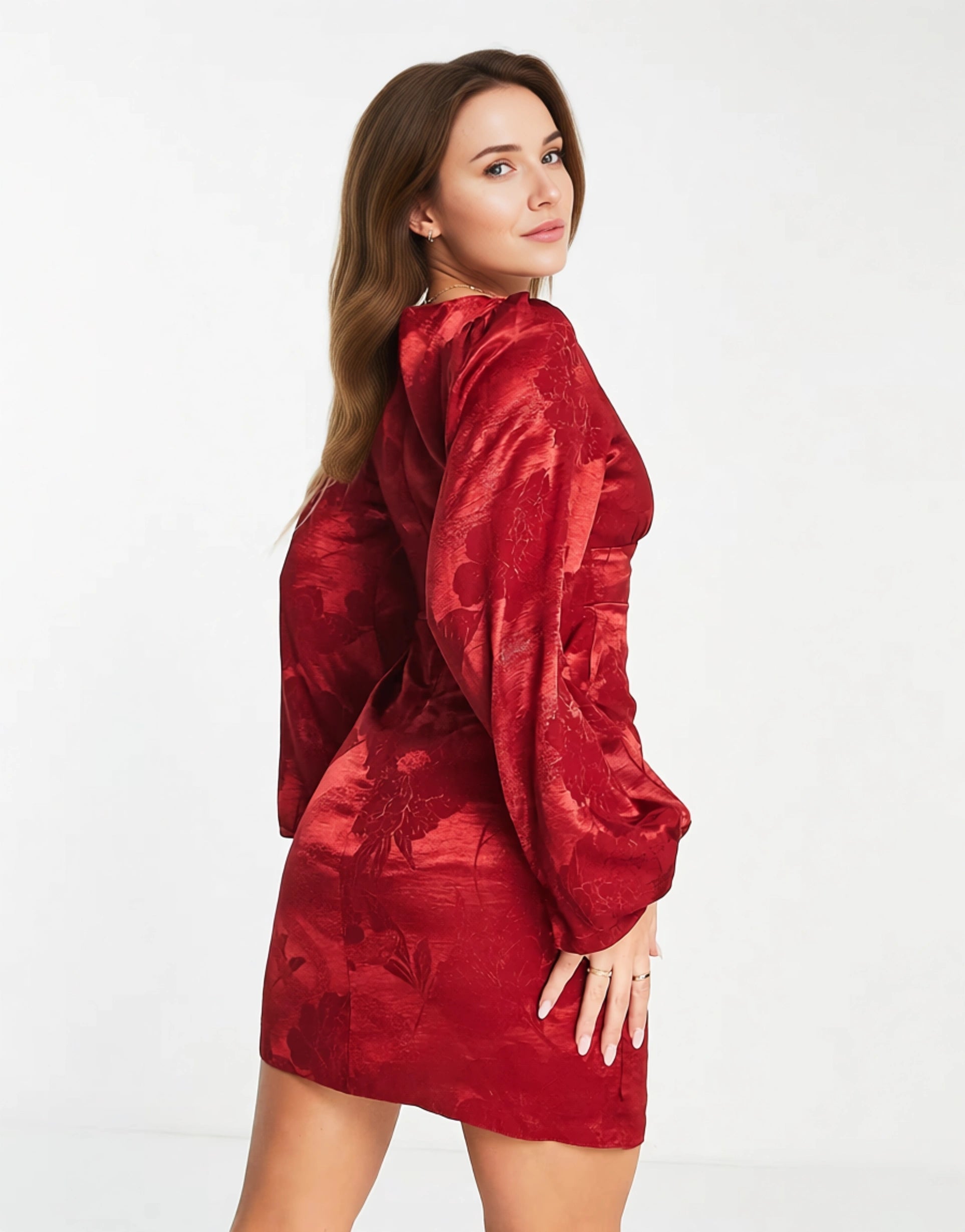 TRENDYOL Womens Balloon Sleeve Mini Dress in Red Floral Satin Jacquard In Red