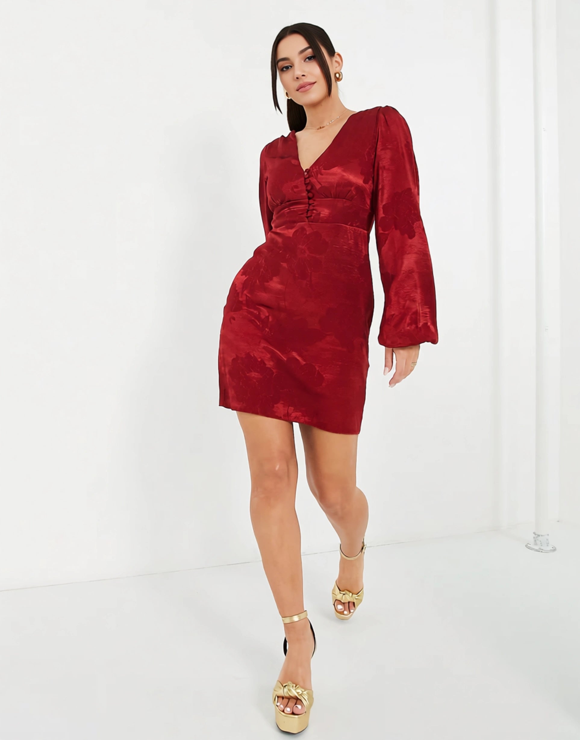 TRENDYOL Womens Balloon Sleeve Mini Dress in Red Floral Satin Jacquard In Red