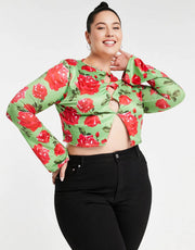 In The Style Womens Plus X Liberty Keyhole Long Sleeve Crop Top In Green Floral