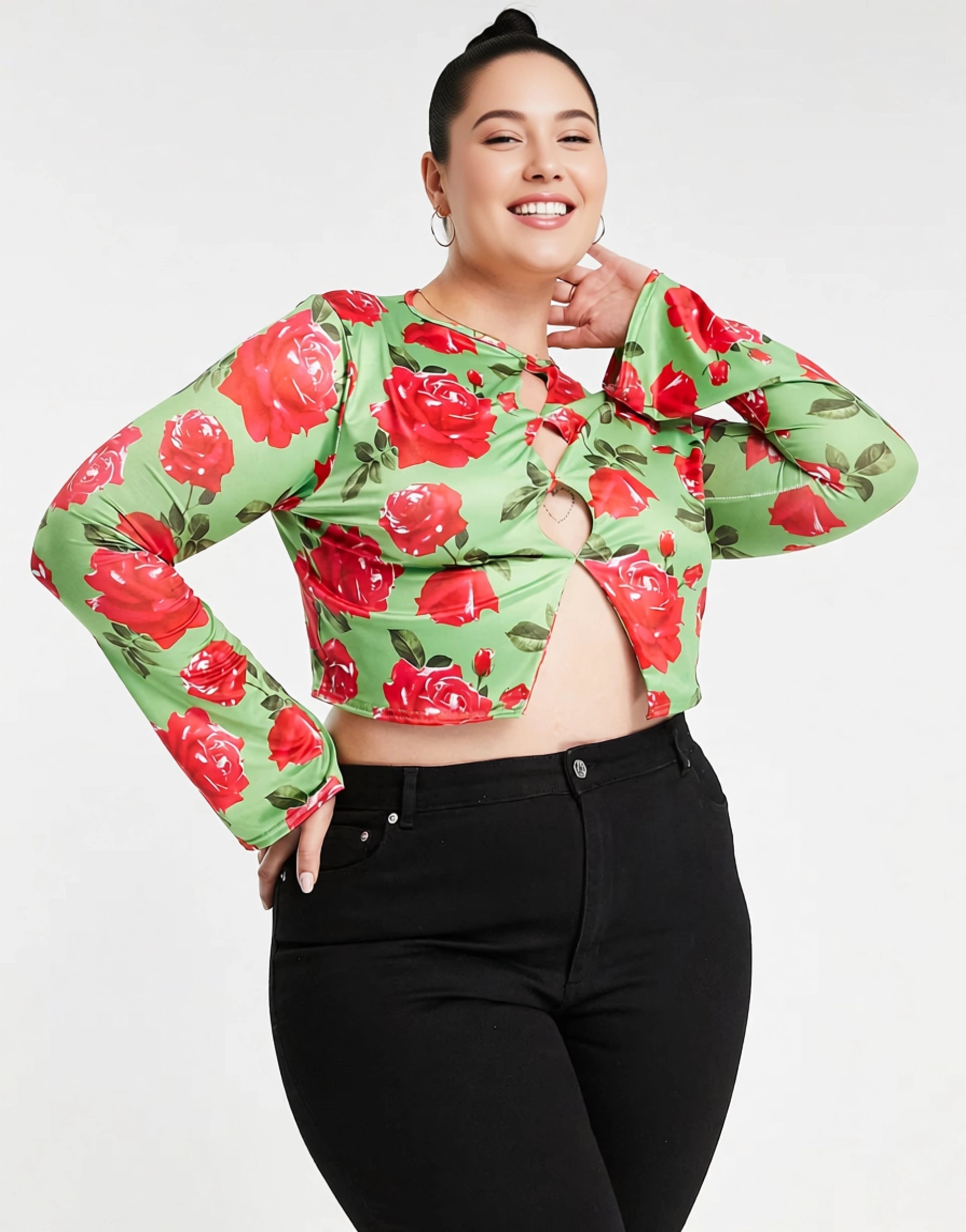In The Style Womens Plus X Liberty Keyhole Long Sleeve Crop Top In Green Floral