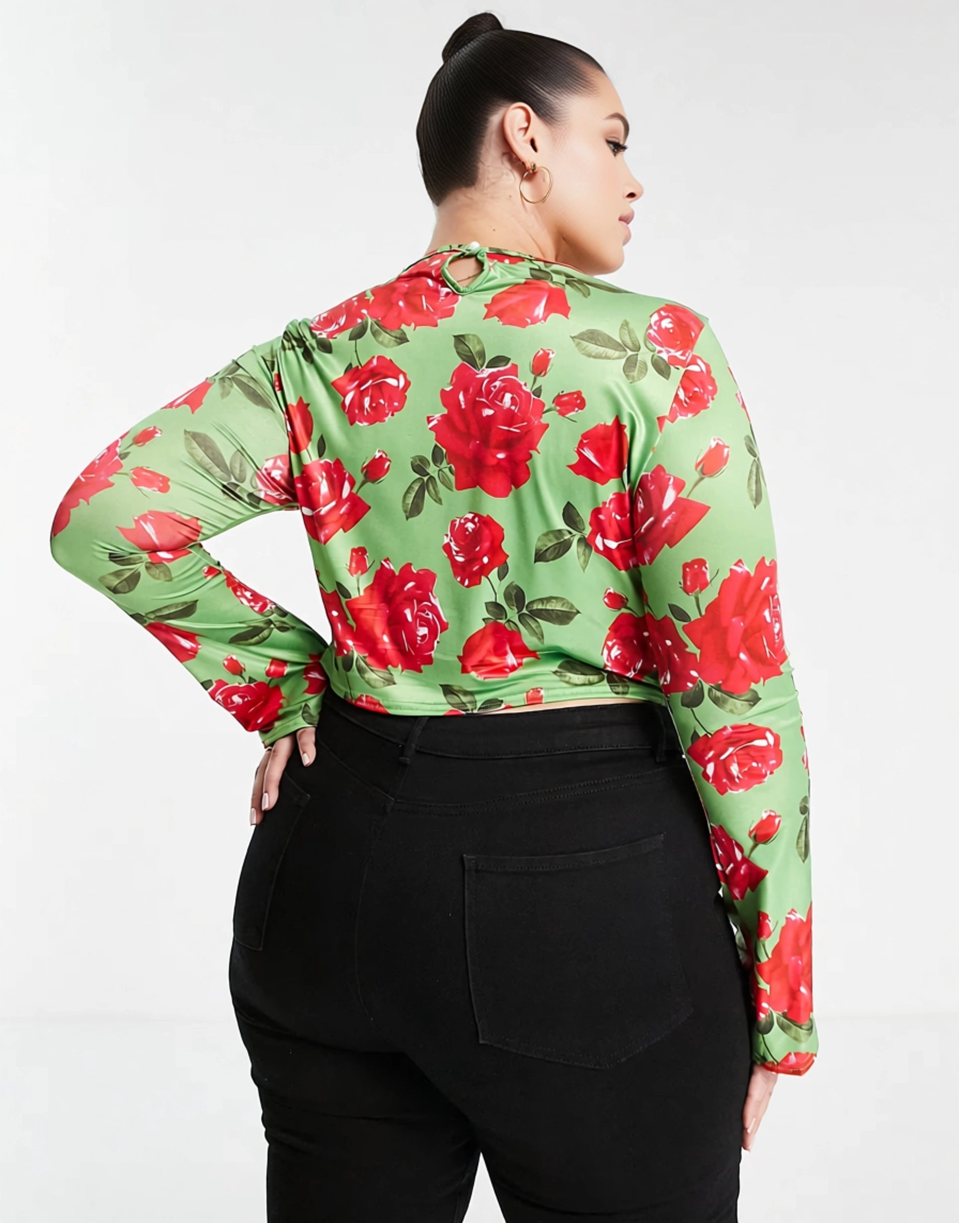 In The Style Womens Plus X Liberty Keyhole Long Sleeve Crop Top In Green Floral