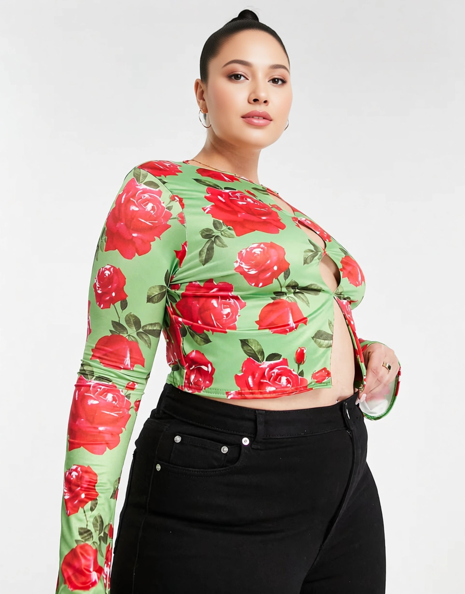 In The Style Womens Plus X Liberty Keyhole Long Sleeve Crop Top In Green Floral
