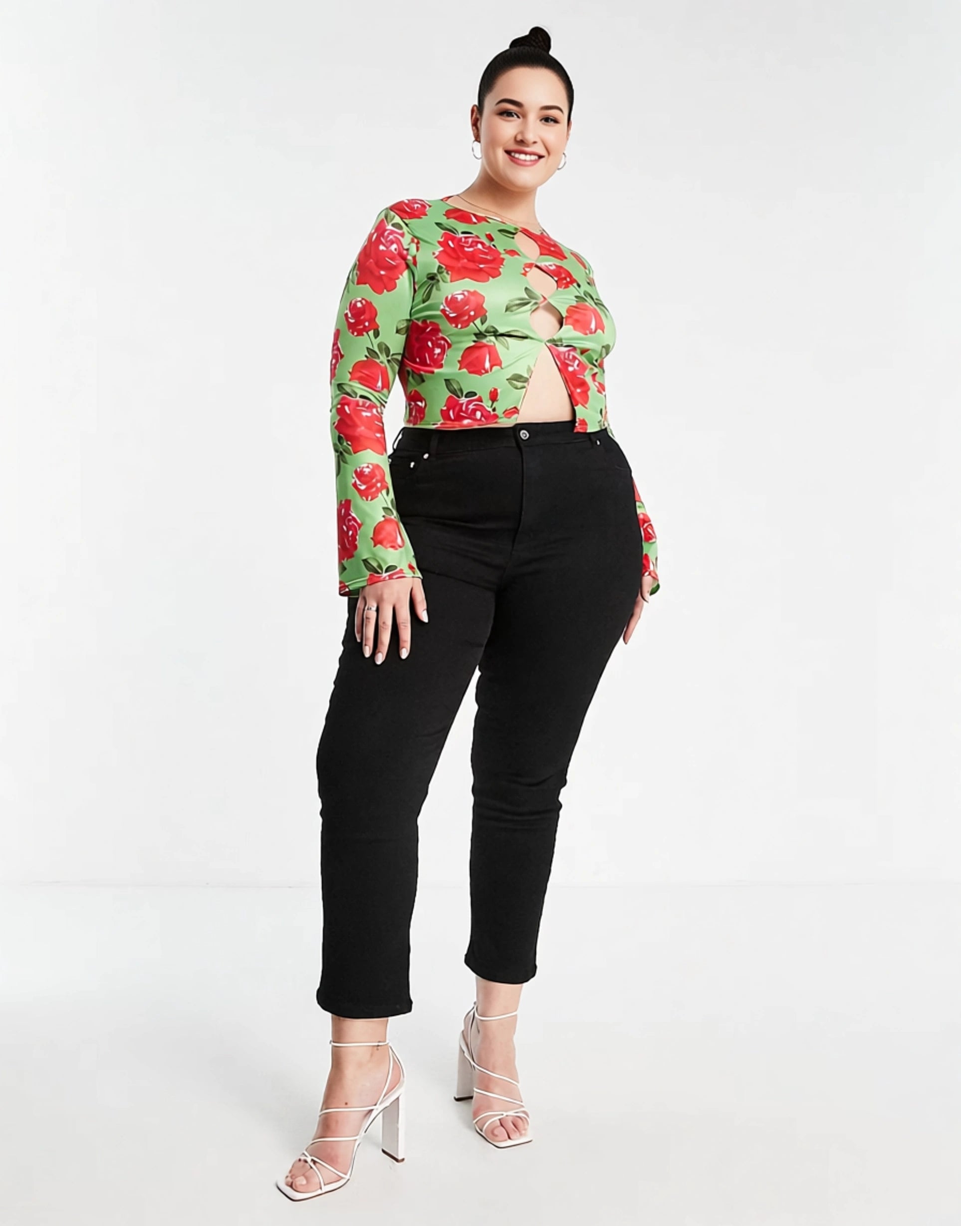 In The Style Womens Plus X Liberty Keyhole Long Sleeve Crop Top In Green Floral