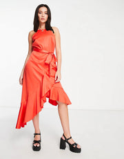 Womens Style Cheat Halter Ruffle Midi Dress In Bright Red
