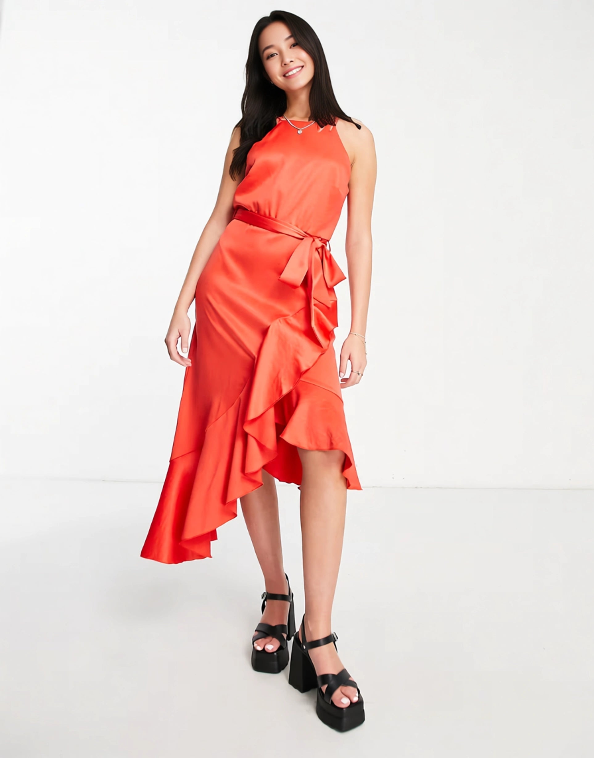 Womens Style Cheat Halter Ruffle Midi Dress In Bright Red