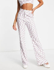 Rebellious Fashion Womens High Waist Trousers Co-Ord in Lilac Check