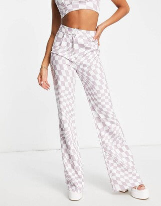 Rebellious Fashion Womens High Waist Trousers Co-Ord in Lilac Check