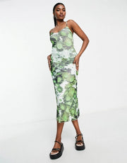 Motel Womens Square Neck Cami Maxi Dress in Blurred Green Daisy Mesh In Green