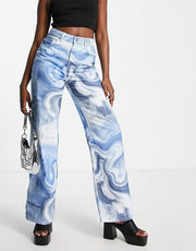 NA-KD Womens X Josefine Simone Dahl Wide Leg Jeans in Swirl Print