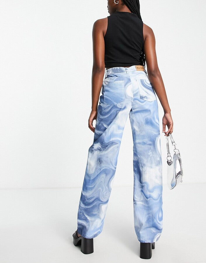 NA-KD Womens X Josefine Simone Dahl Wide Leg Jeans in Swirl Print