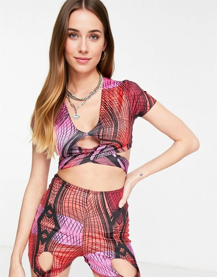 WAVEY Womens Wrap Front Crop Top Co-Ord in Pink Snake Print