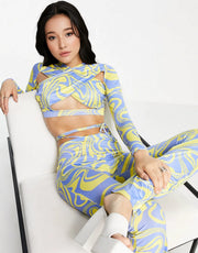 Womens Wavey Cross Front Crop Top Co-Ord In Multi Wave Print