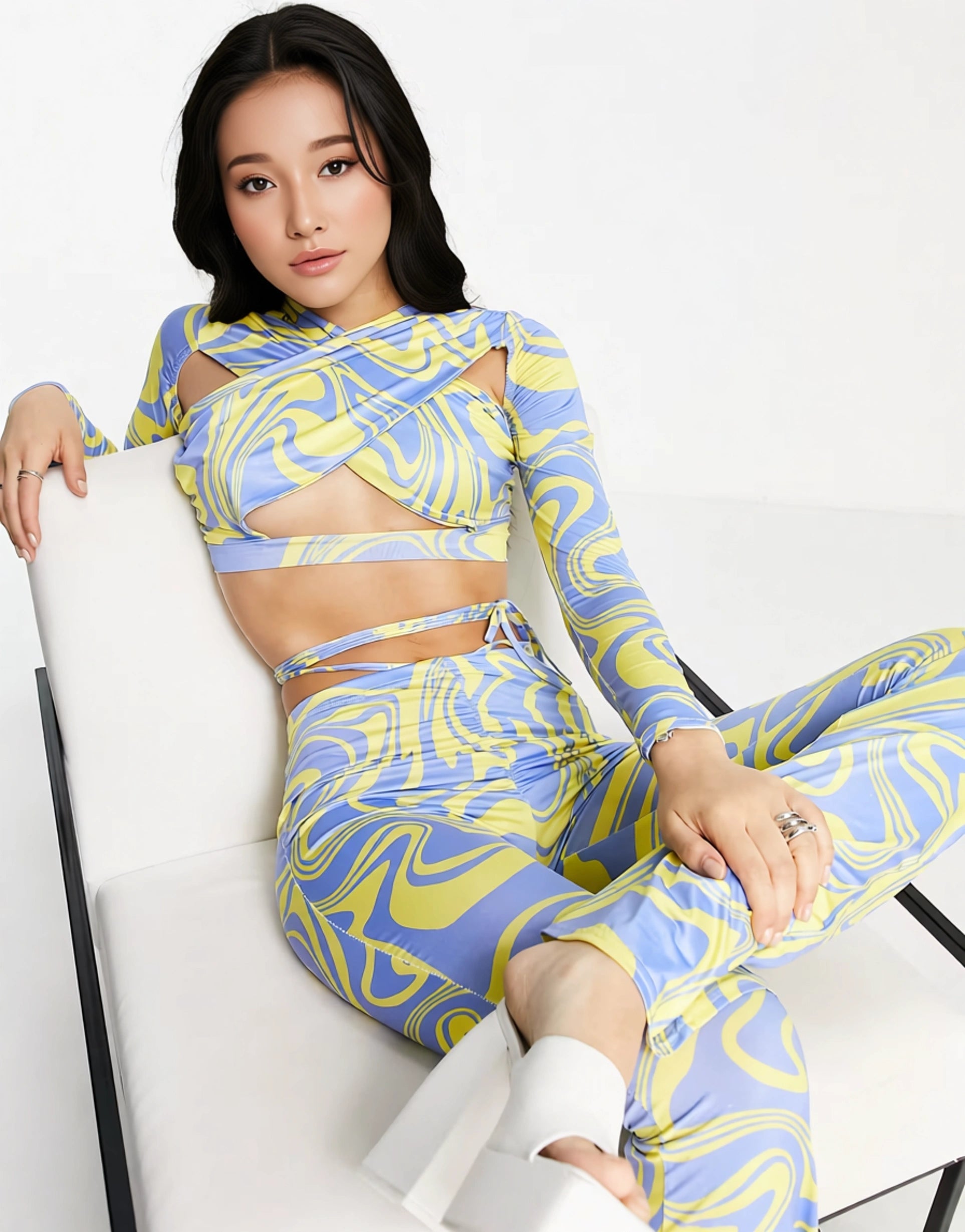 Womens Wavey Cross Front Crop Top Co-Ord In Multi Wave Print