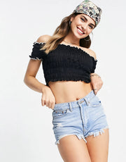 Urban Revivo Women's Bardot Cropped Shirred Top In Black
