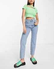 The Ragged Priest Womens High Waisted Mom Jeans With Bum Rip in Mid Blue