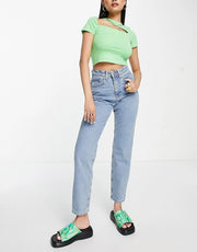 The Ragged Priest Womens High Waisted Mom Jeans With Bum Rip in Mid Blue
