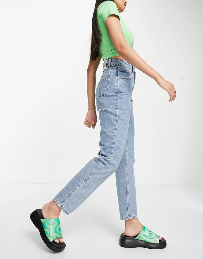 The Ragged Priest Womens High Waisted Mom Jeans With Bum Rip in Mid Blue