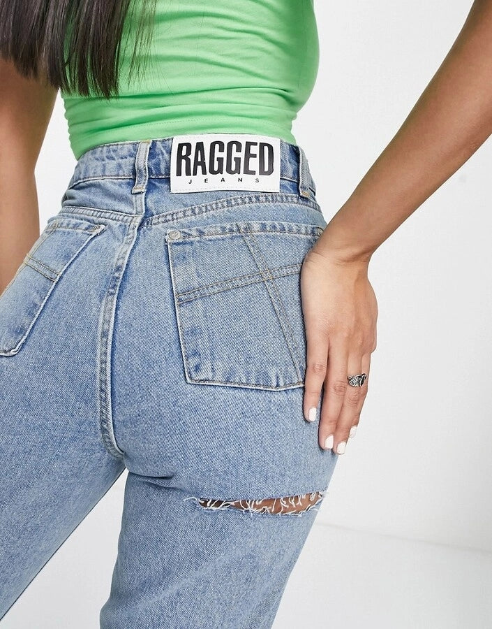 The Ragged Priest Womens High Waisted Mom Jeans With Bum Rip in Mid Blue