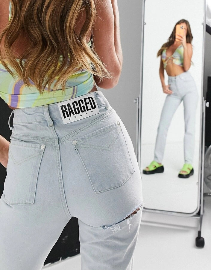 The Ragged Priest Womens High Waisted Mom Jeans With Bum Rip in Light Blue