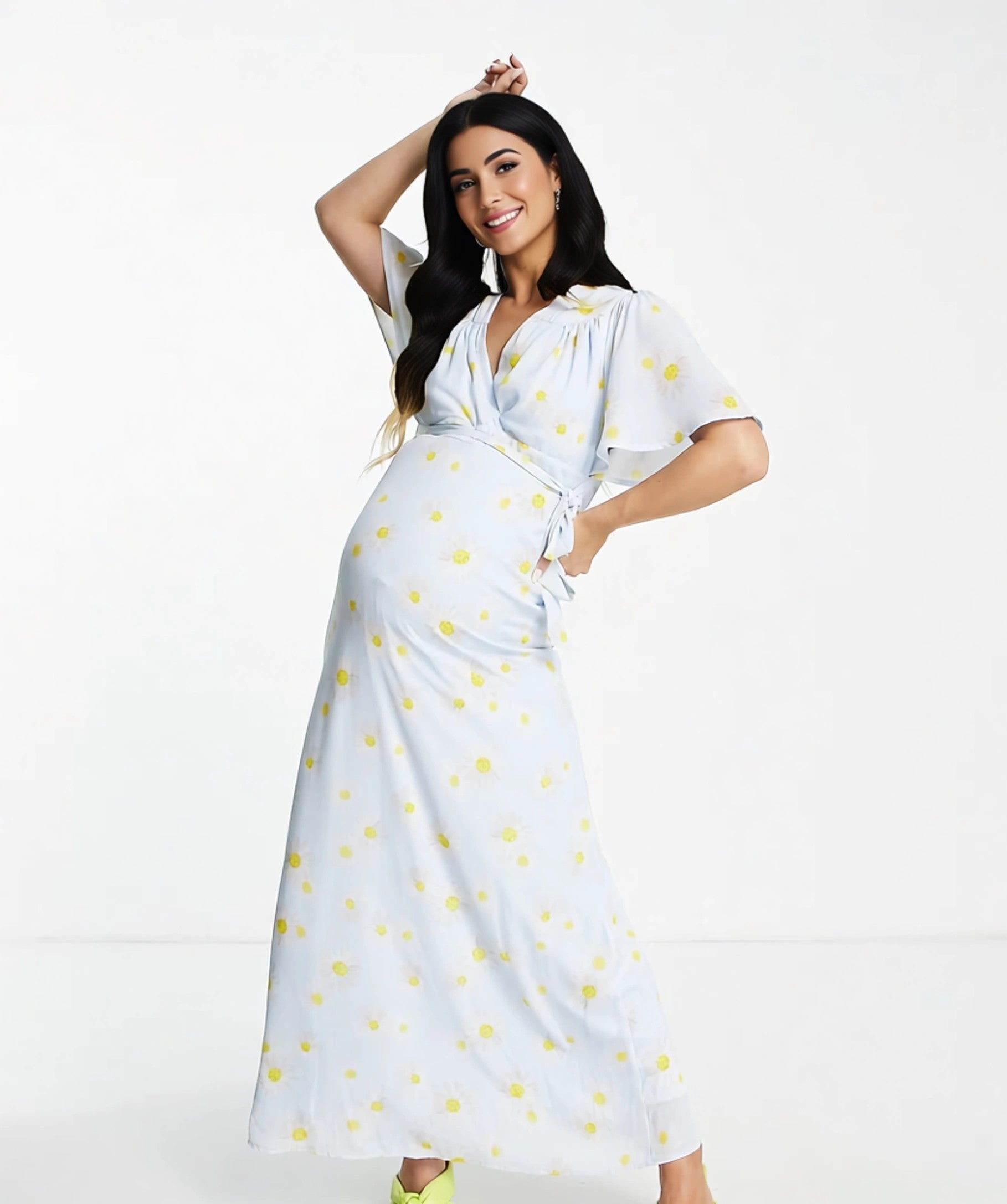 Twisted Wunder Maternity Womens Wrap Front Midi Dress in Daisy Print