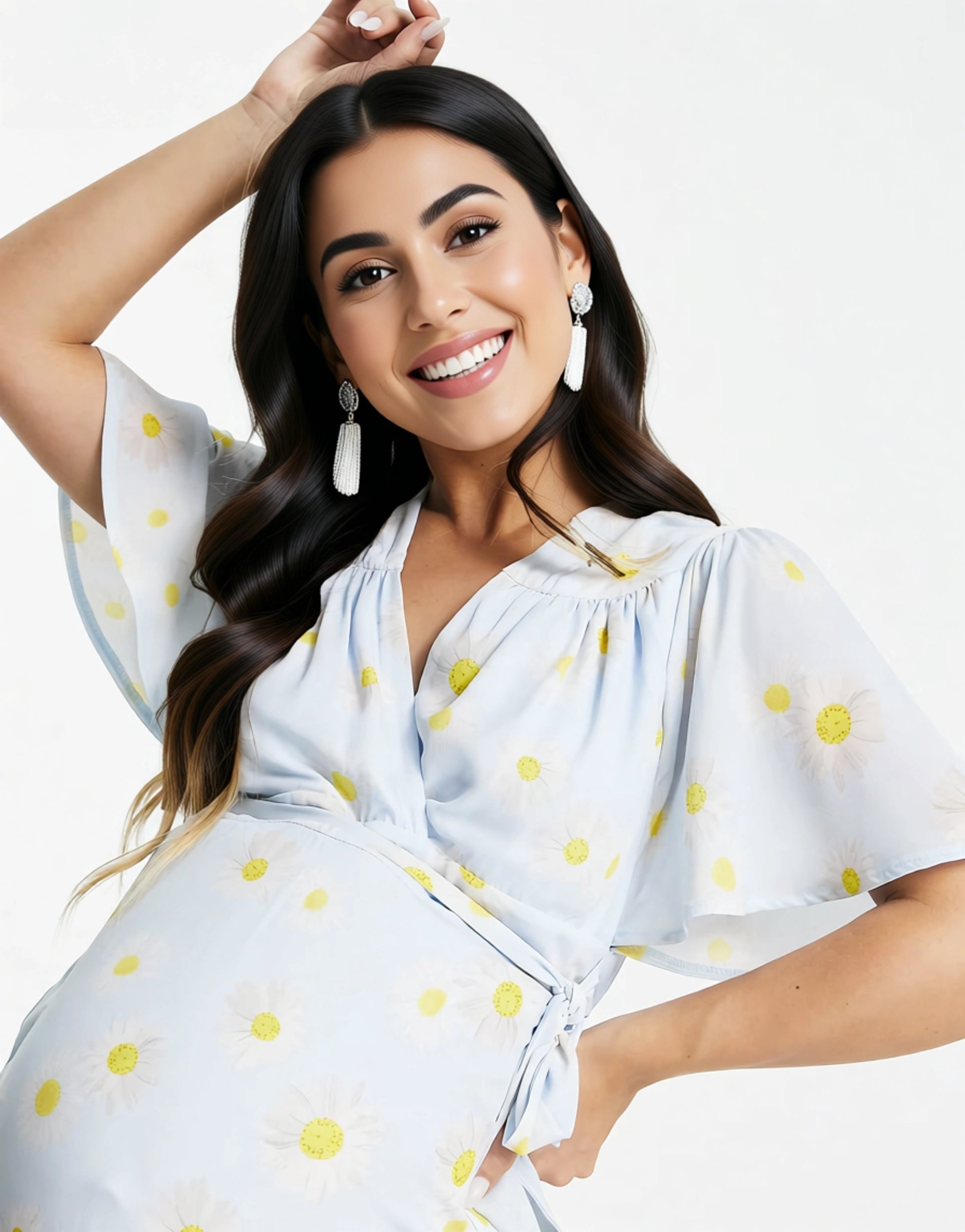 Twisted Wunder Maternity Womens Wrap Front Midi Dress in Daisy Print