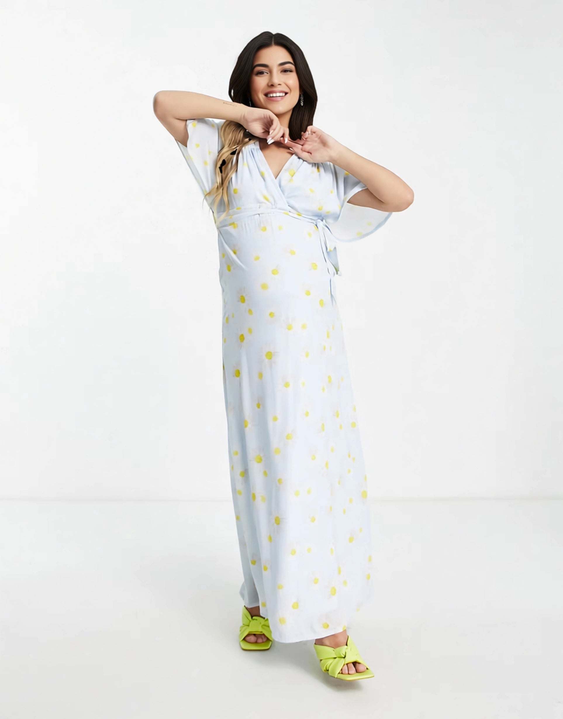 Twisted Wunder Maternity Womens Wrap Front Midi Dress in Daisy Print