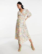 Twisted Wunder Womens Maternity Balloon Sleeve Midi Dress in Pastel Swirl Print