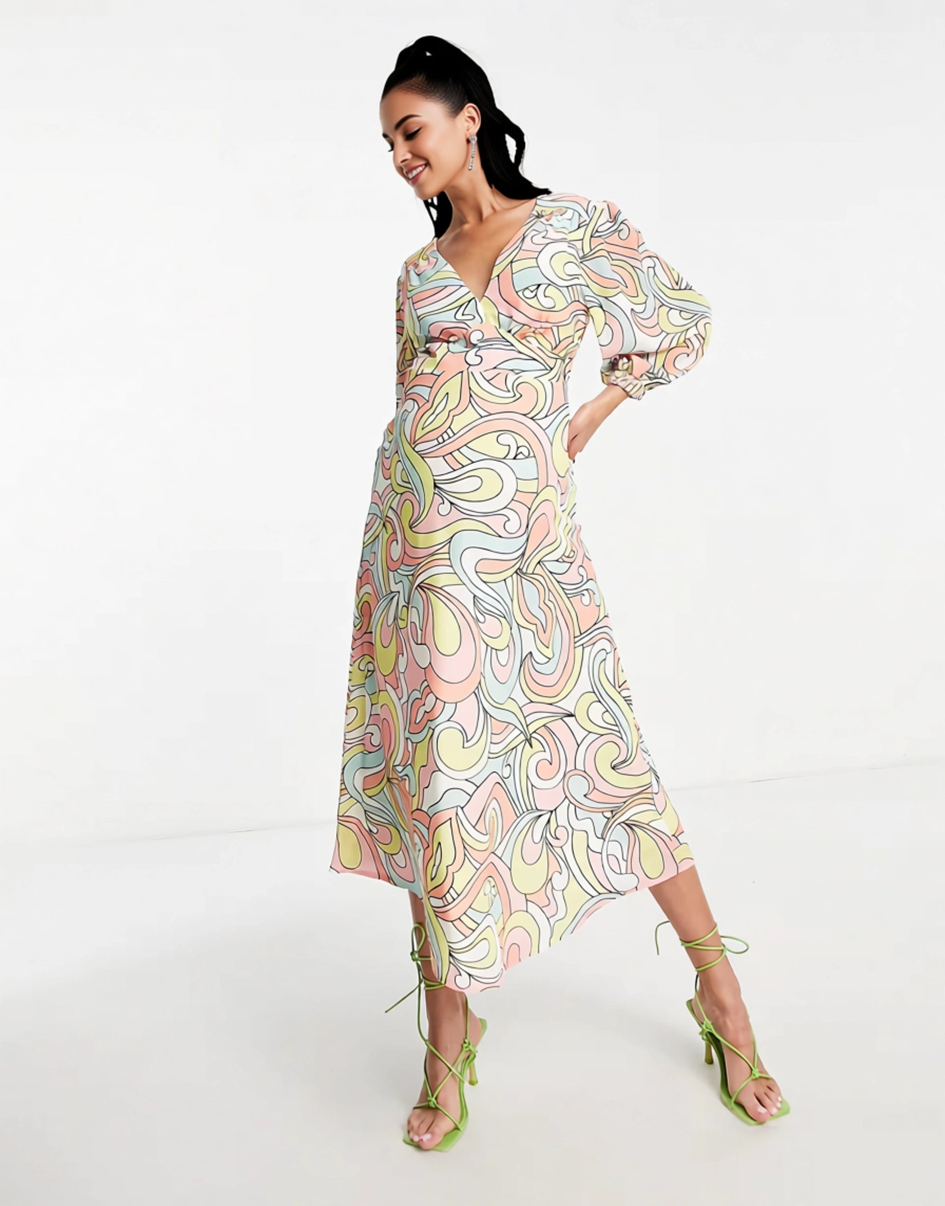 Twisted Wunder Womens Maternity Balloon Sleeve Midi Dress in Pastel Swirl Print