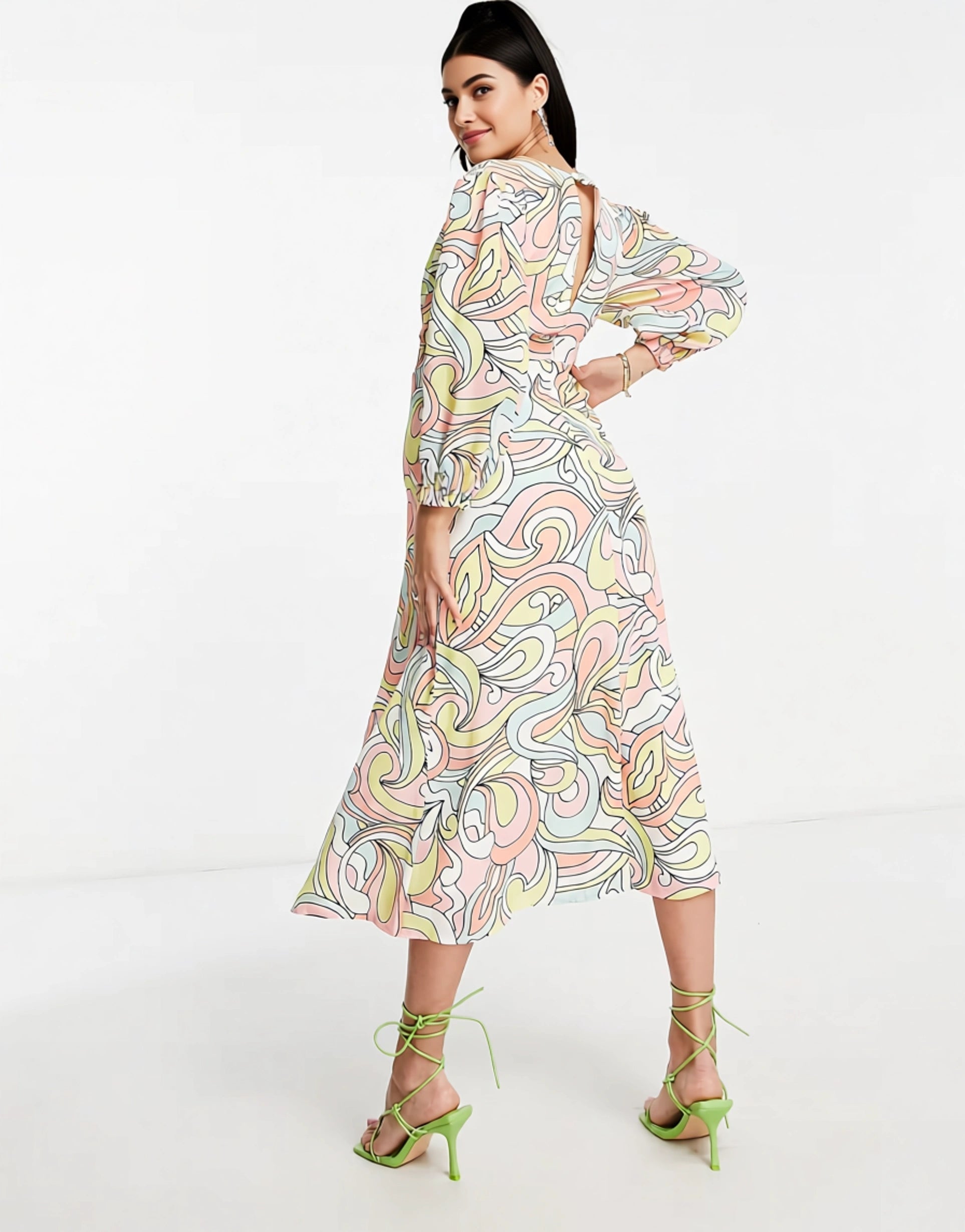 Twisted Wunder Womens Maternity Balloon Sleeve Midi Dress in Pastel Swirl Print
