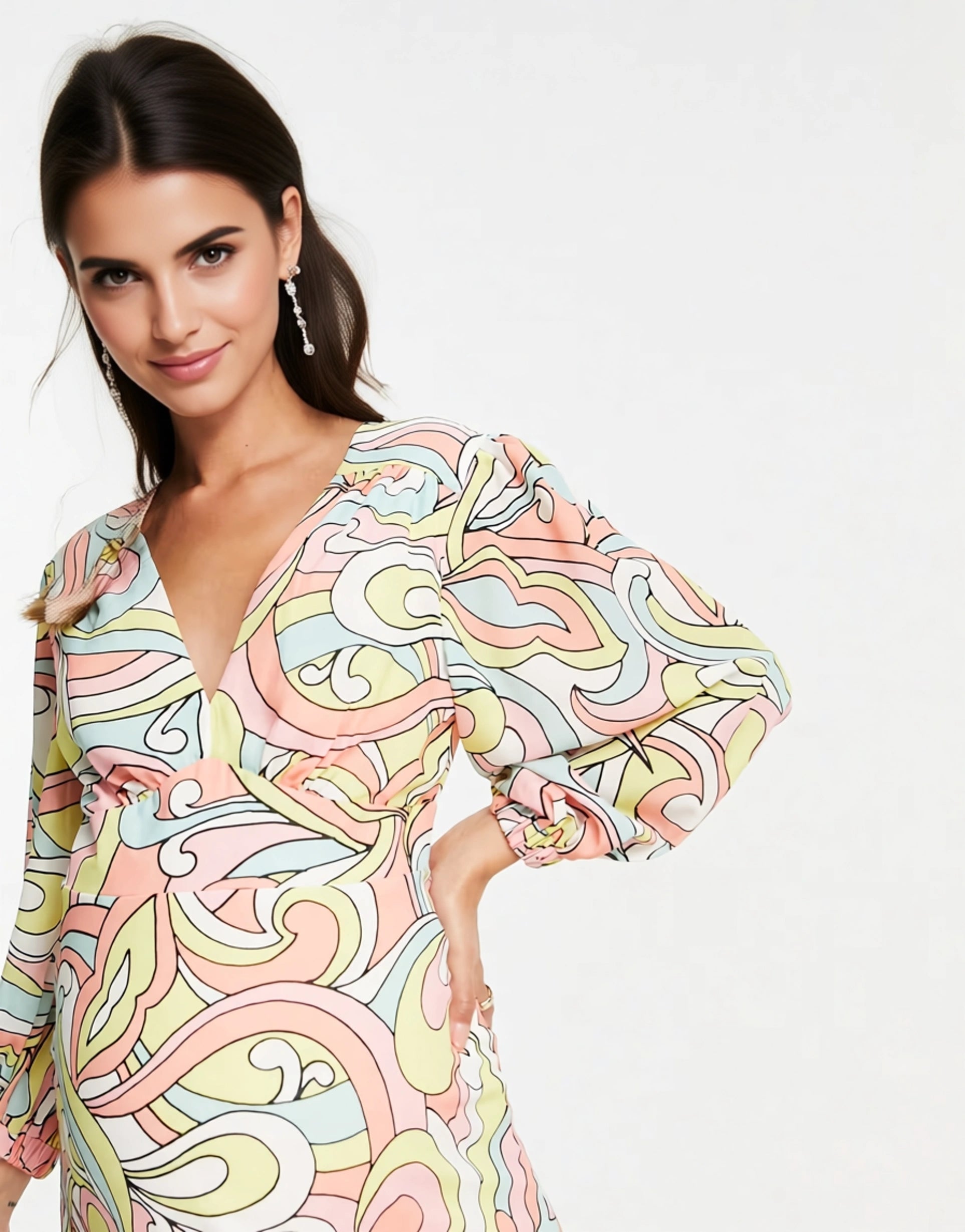 Twisted Wunder Womens Maternity Balloon Sleeve Midi Dress in Pastel Swirl Print