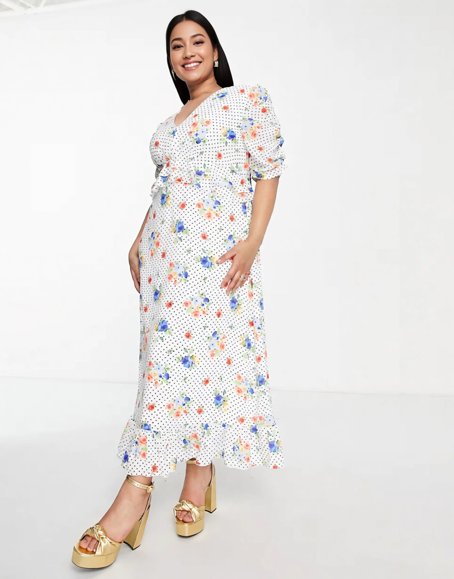 Womens Twisted Wunder Plus Puff Sleeve Maxi Dress In Spot Floral