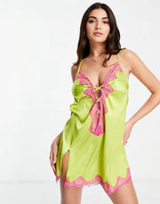 Wolf & Whistle Womens Fuller Bust Plunge Cami Dress With Contrast Lace in Lime