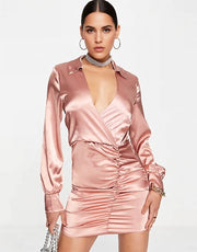 First Distraction Women's Satin Shirt Dress in Blush Pink In Pink