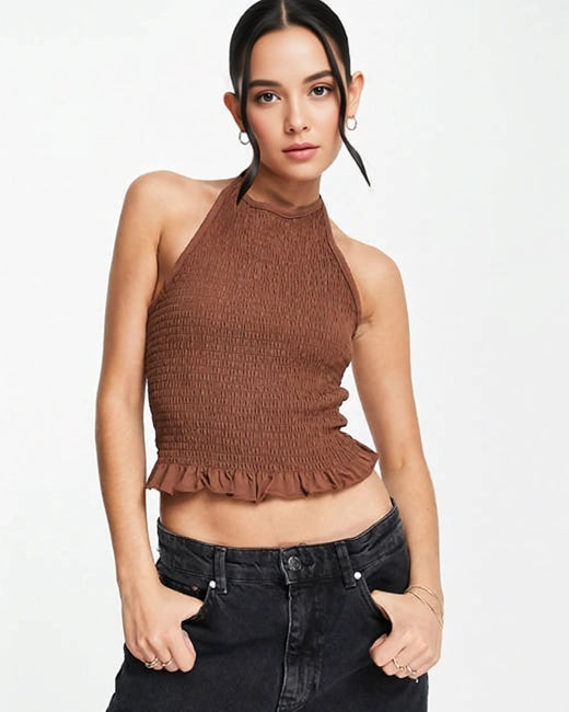 Womens Brave Soul Shirred Halter Crop Top With Frill Hem In Brown