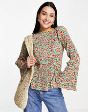 Monki Women's Peplum Hem Long Sleeve Top in Oversized Floral Print In Multi