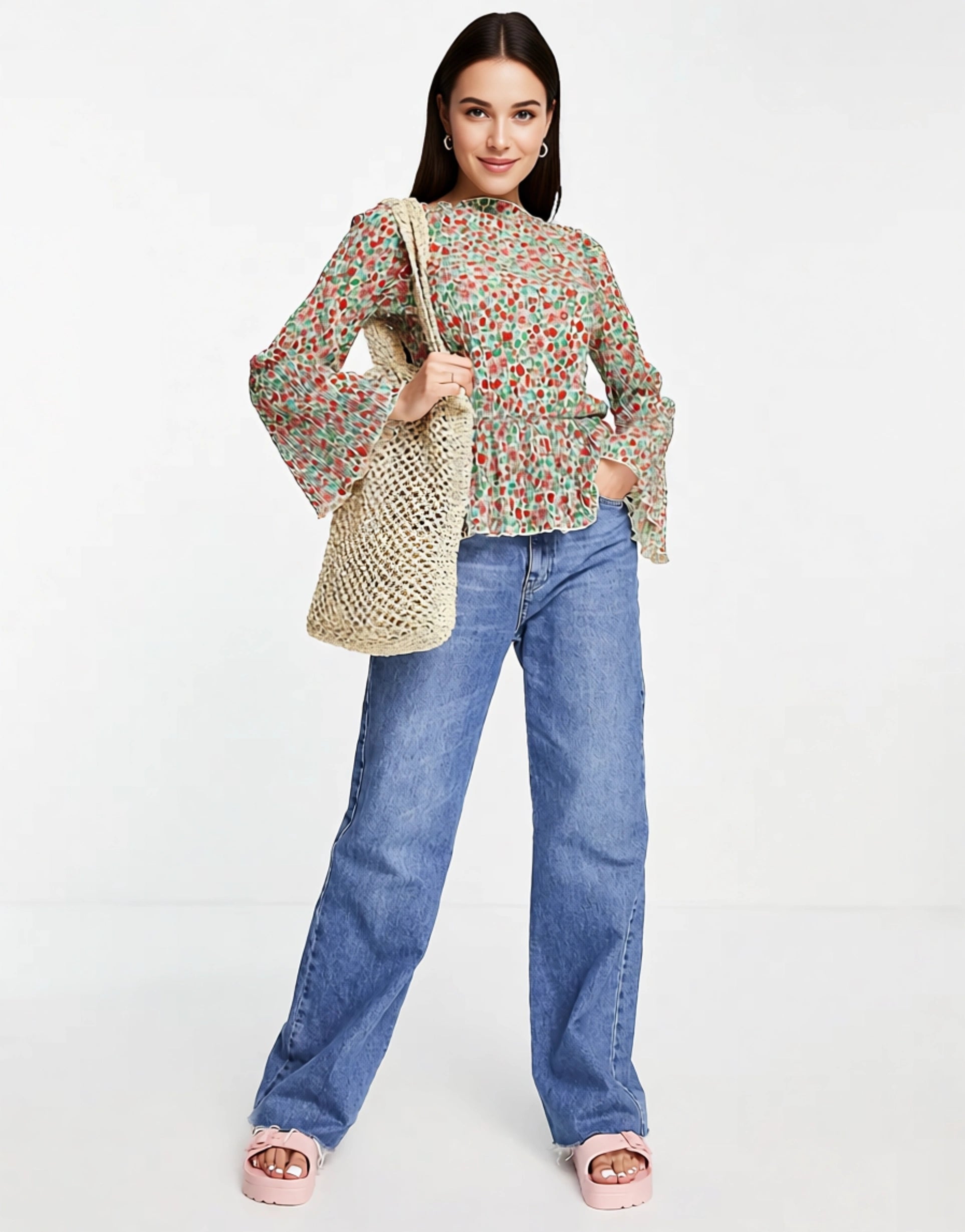 Monki Women's Peplum Hem Long Sleeve Top in Oversized Floral Print In Multi