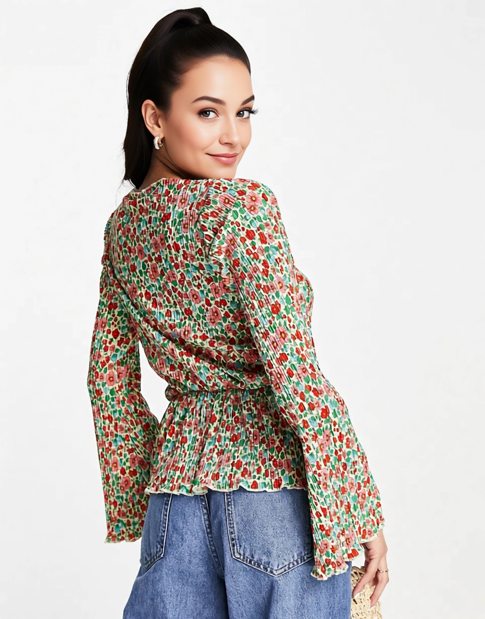 Monki Women's Peplum Hem Long Sleeve Top in Oversized Floral Print In Multi