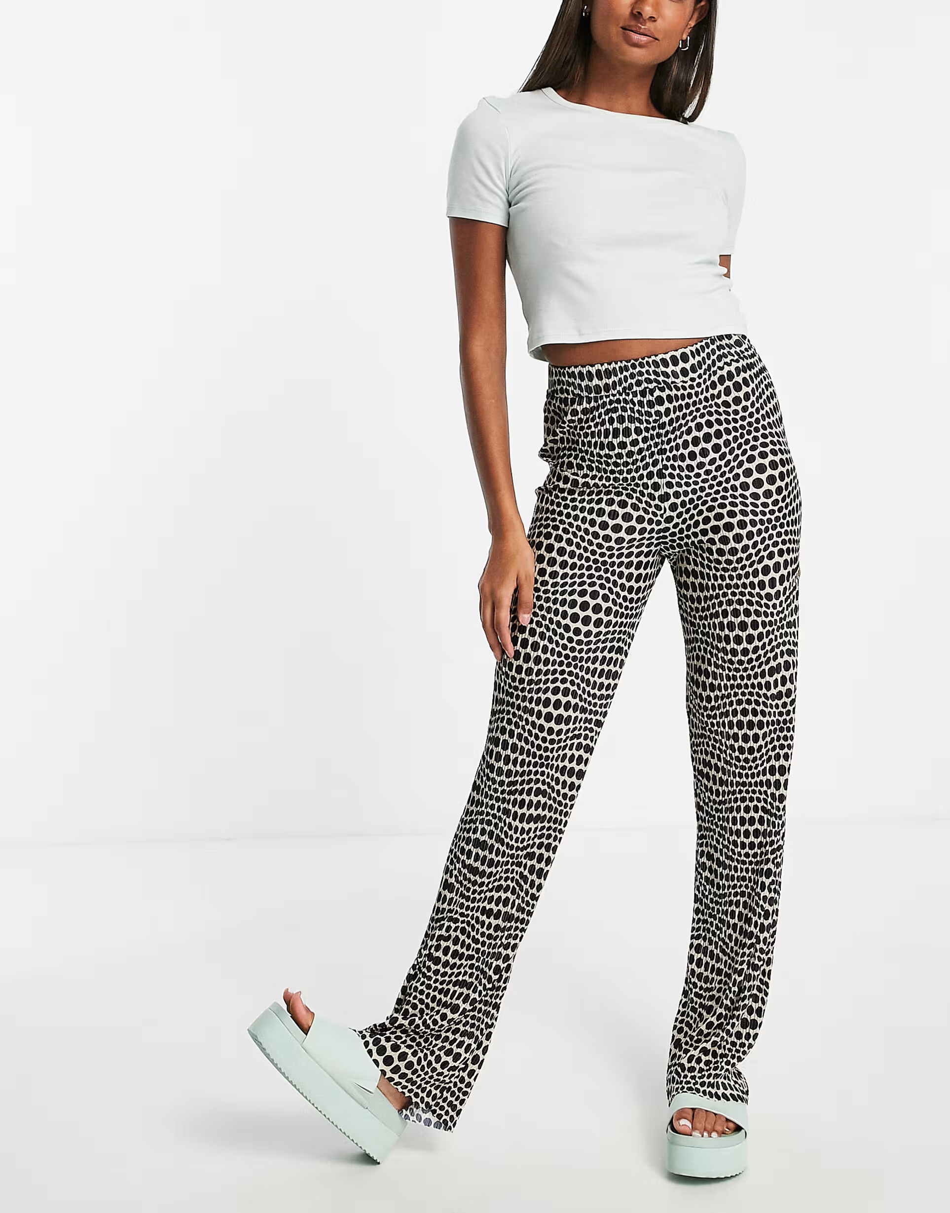 Monki Womens Wide Leg Plisse Trousers in Black And White