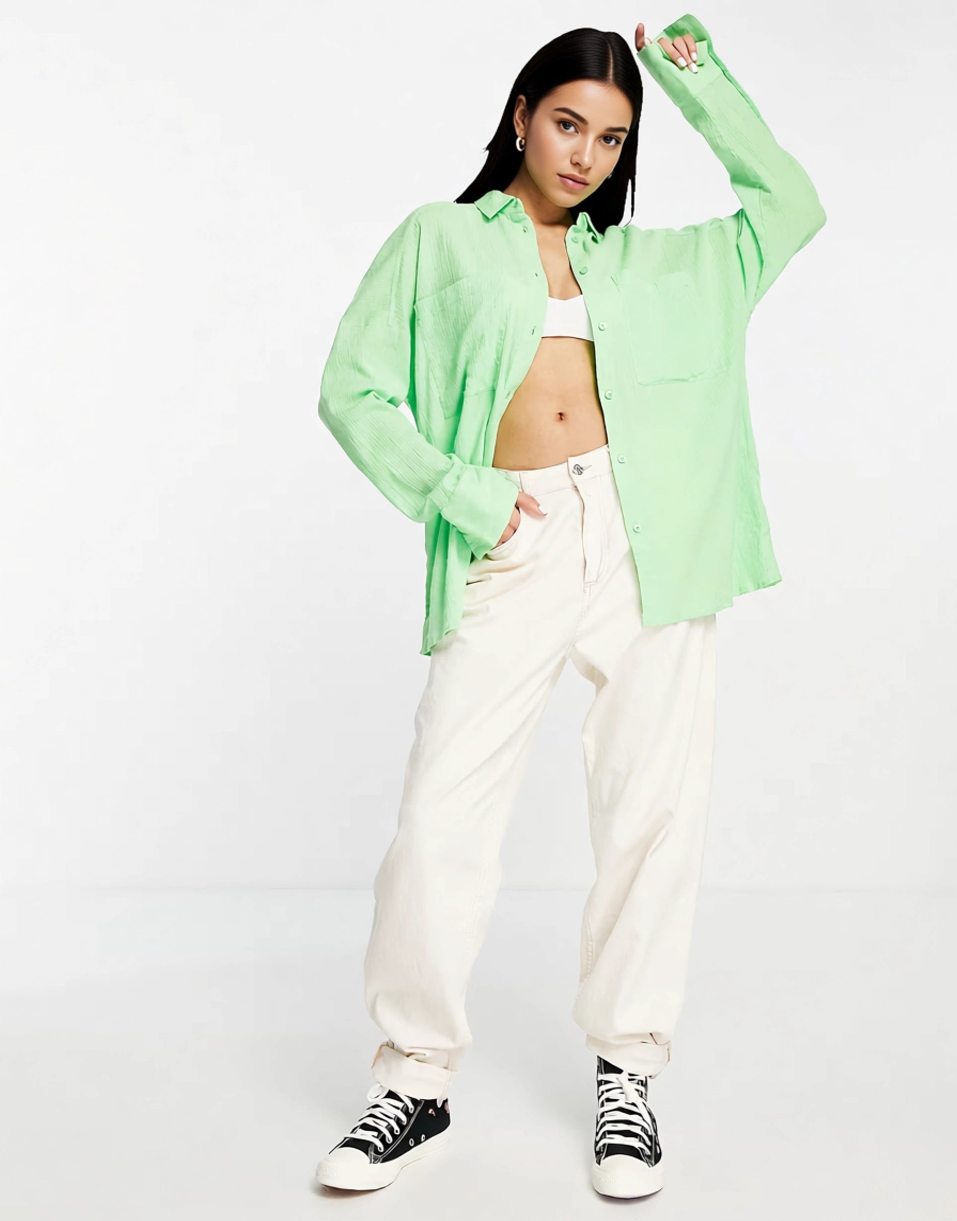 Monki Women's Crinkle Shirt in Bright Green In Green