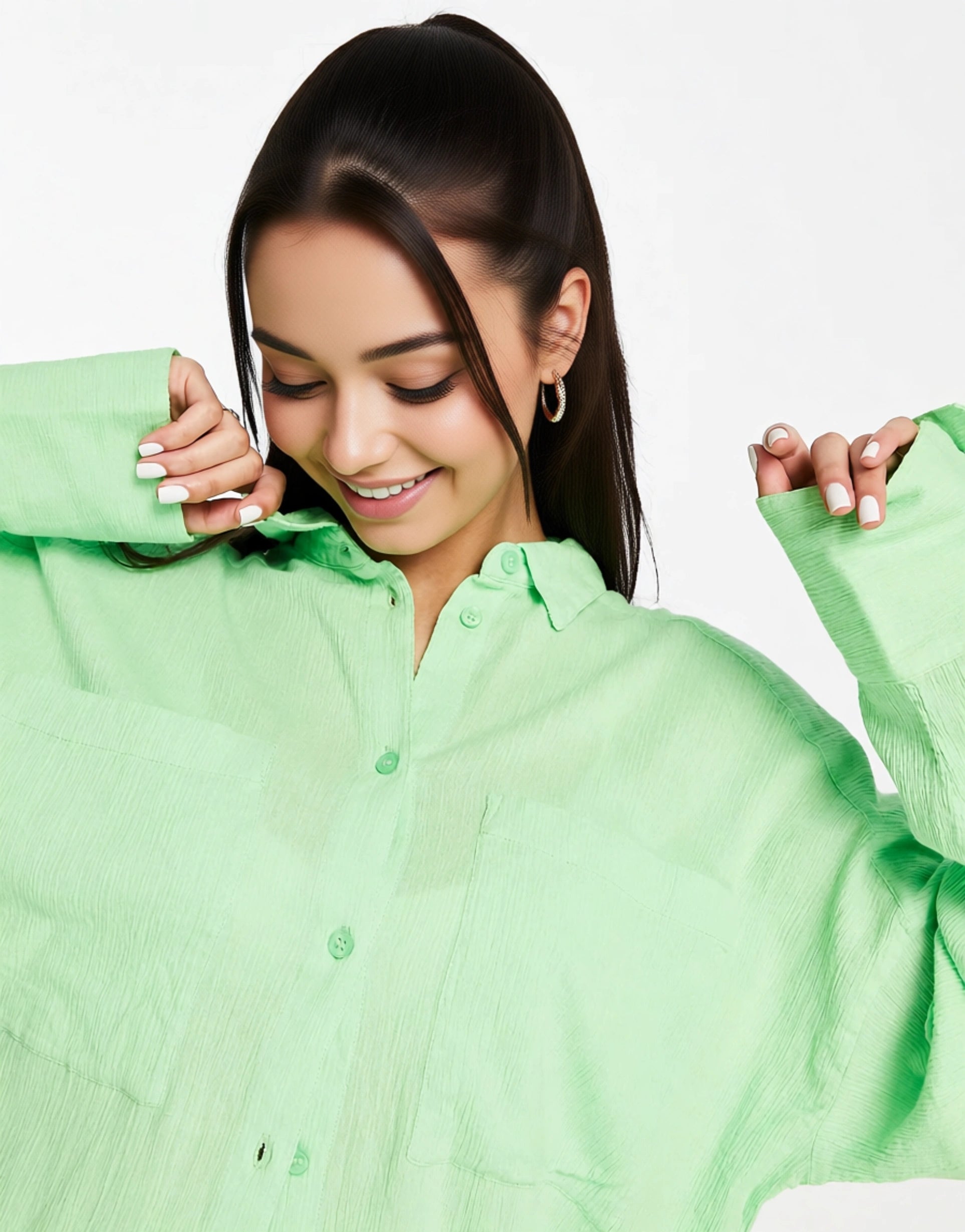Monki Women's Crinkle Shirt in Bright Green In Green
