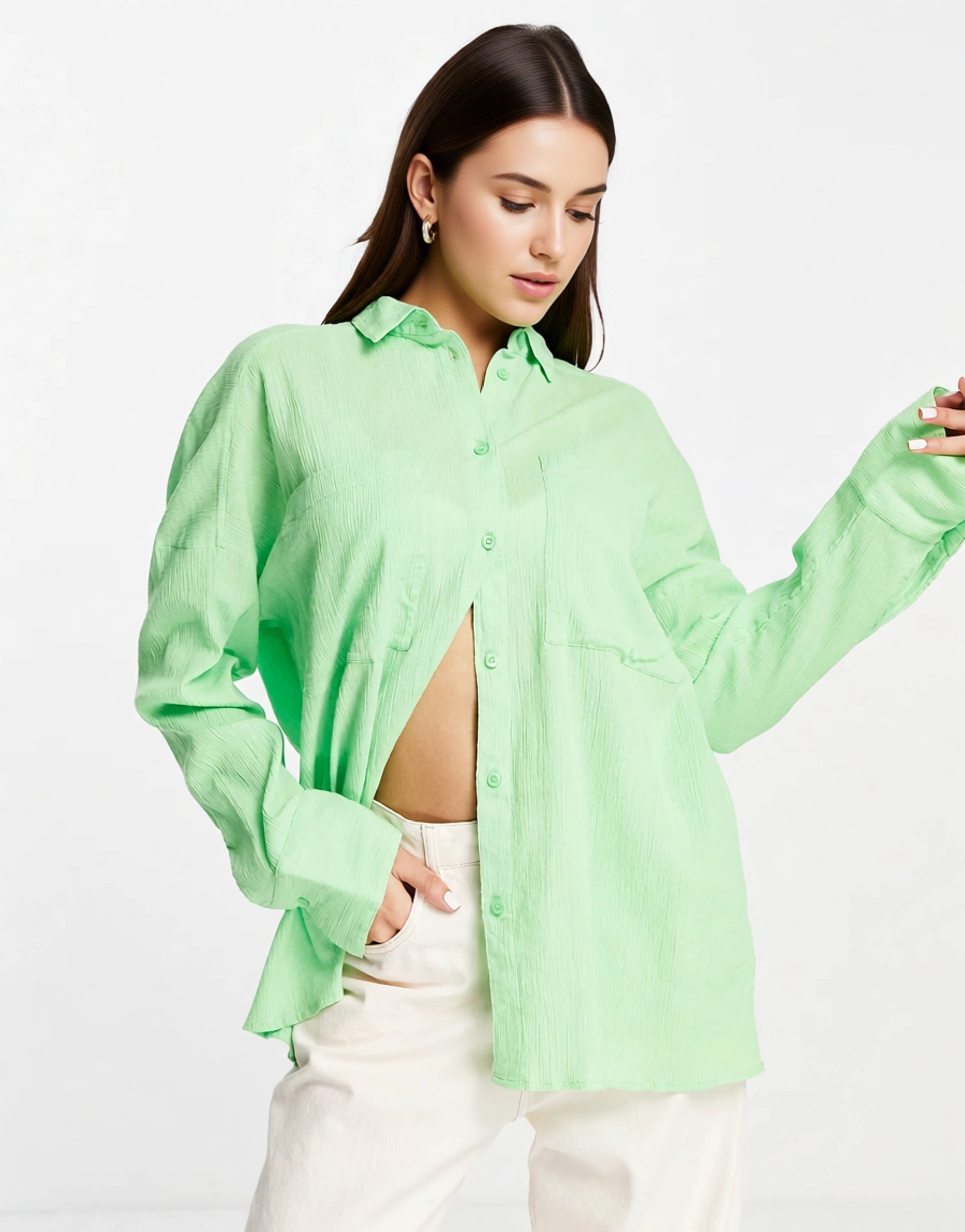 Monki Women's Crinkle Shirt in Bright Green In Green