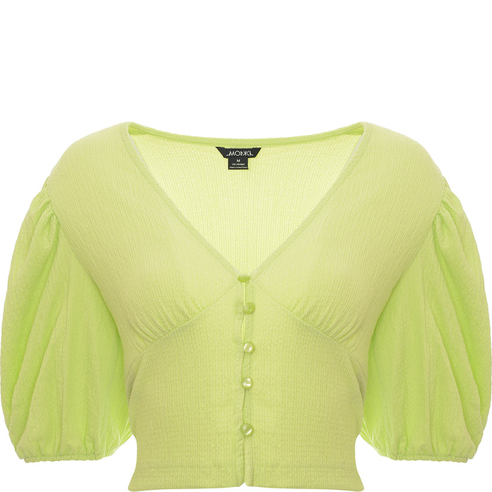 Monki Women's Green Puff Sleeve Button Front Tea Blouse