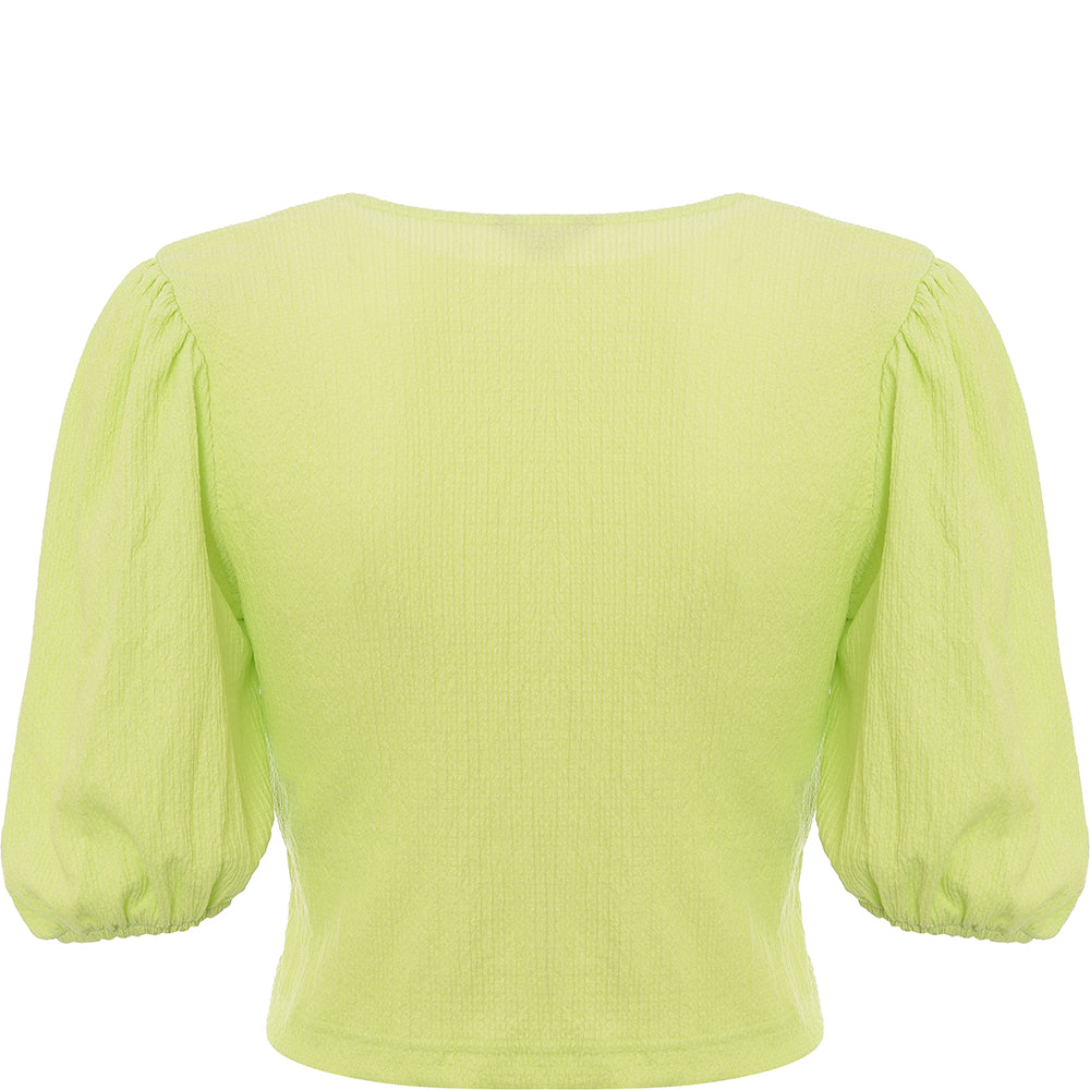 Monki Women's Green Puff Sleeve Button Front Tea Blouse