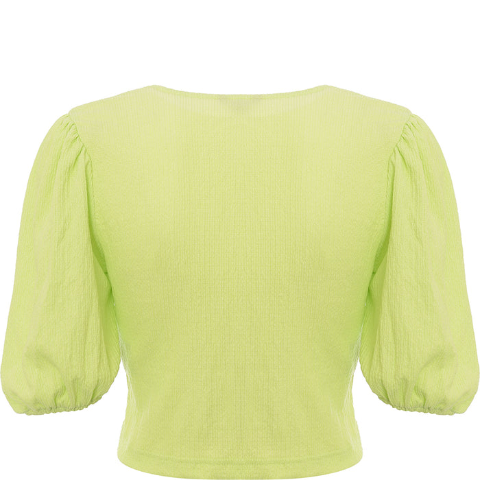 Monki Women's Green Puff Sleeve Button Front Tea Blouse